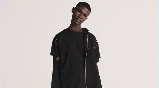 Balmain Delivers Distressed Fall '17 Looks Jean-Luc Harderwijk wears a zip-through hooded sweatshirt, and eyelet-detail t-shirt by Balmain. He also sports Balmain's distressed tiger-print t-shirt(worn underneath), distressed slim-leg biker jeans and Apollon leather boots.