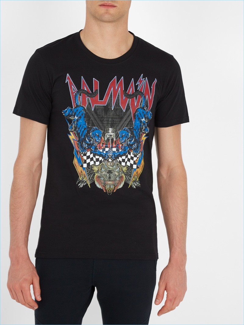 Balmain Logo and Panther-Print Cotton T-Shirt