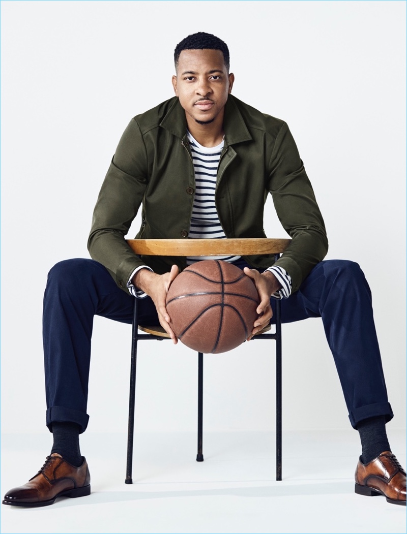 Front and center, CJ McCollum  wears Banana Republic's Rapid Movement chinos.