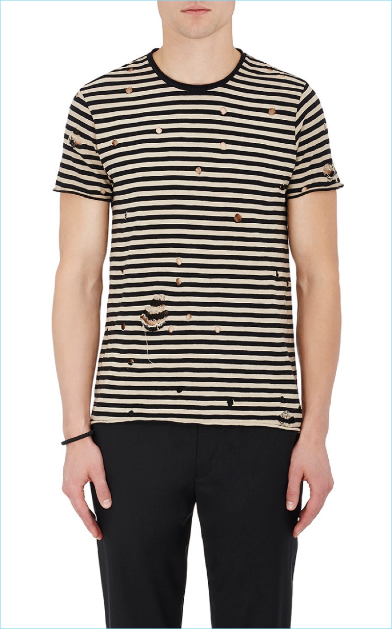 Barneys New York Striped Distressed Cotton T-Shirt