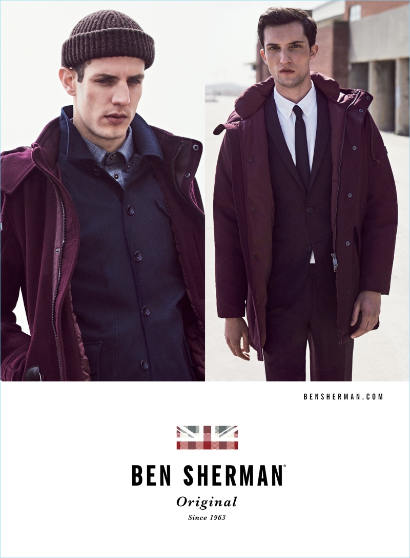 Aaron Vernon and Max Von Isser don navy and burgundy fashions for Ben Sherman's fall-winter 2017 campaign.