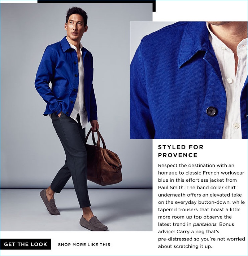 Styled for Provence: Bloomingdale's highlights French workwear-inspired style with a PS by Paul Smith shirt jacket $225. The look is complete with a Theory shirt $146.25, Vince cropped trousers $325, a Shinola carryall $1,295, and The Men's Store at Bloomingdale's penny drivers $99.