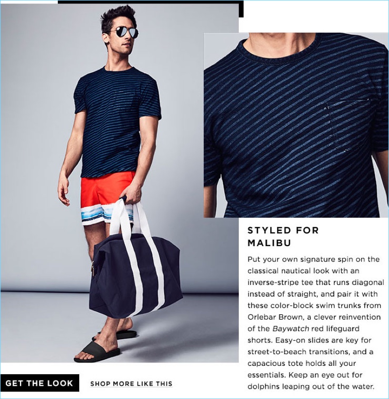 Styled for Malibu: Sunny California serves as inspiration for this look, which includes a Rag & Bone stripe tee $125 and Orlebar Brown swim trunks $206.25. The outfit also features Ray-Ban aviator sunglasses $195, a Saint Luke St. Ives weekender bag $198, and Brandblack slide sandals $40.