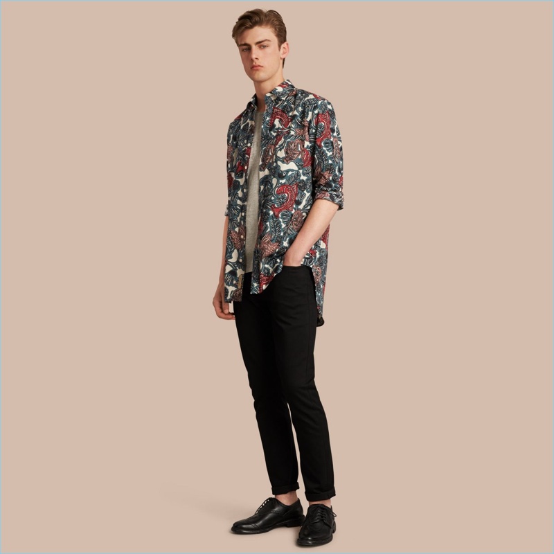 Burberry Beasts Print Cotton Poplin Longline Shirt