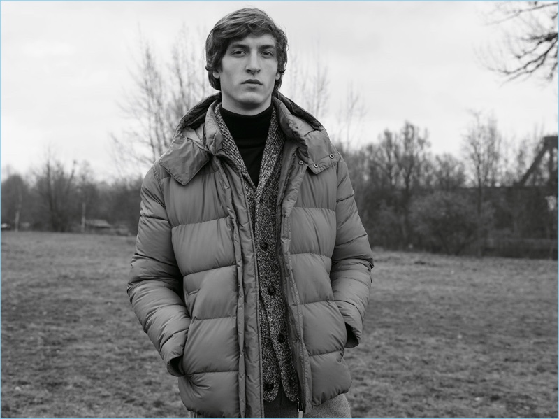 Venturing outdoors, Tim Dibble wears a puffer jacket from Closed.