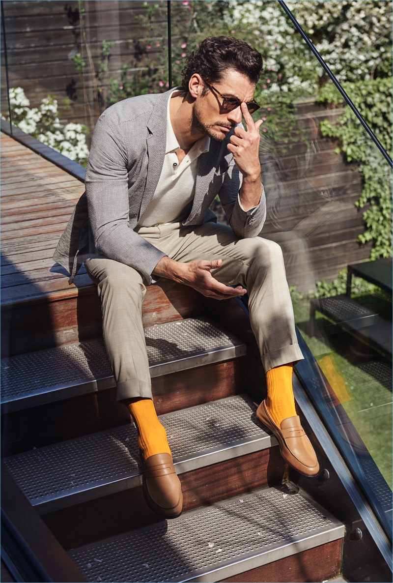 British model David Gandy adds a pop of color to his wardrobe with London Sock Co. socks.