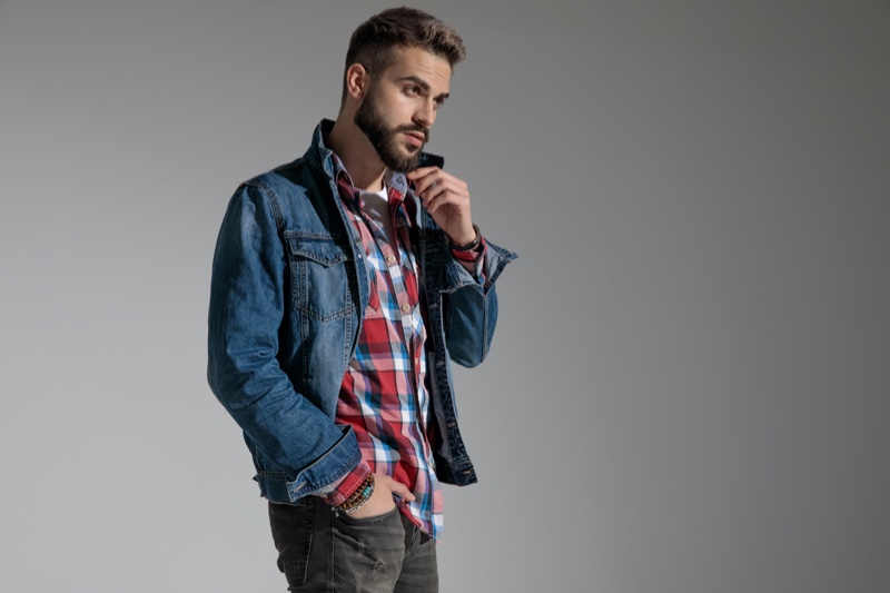 Denim Jacket Men Plaid Shirt—Jean Jacket Outfits Inspiration