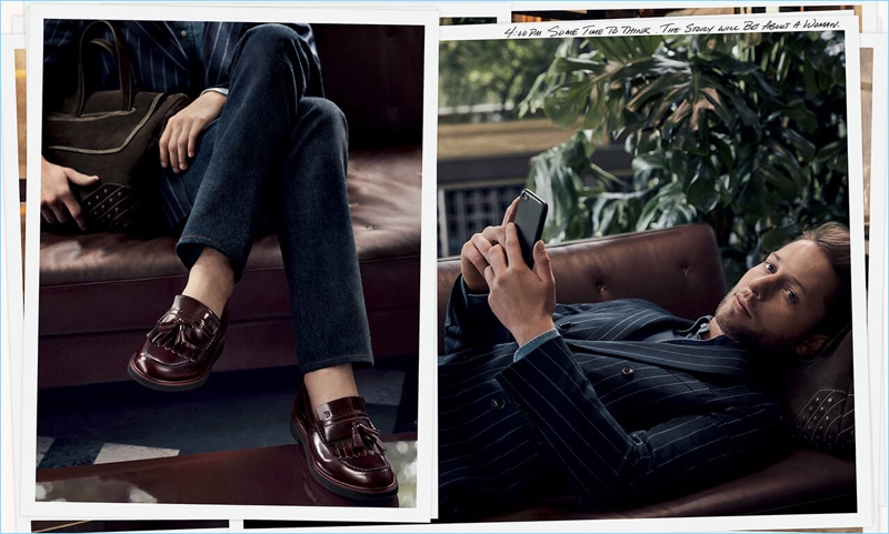 Checking his phone, Derek Blasberg appears in Tod's fall-winter 2017 campaign.