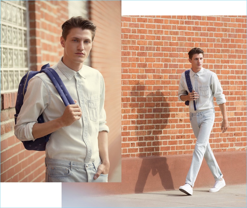 Blue Jeans: Doubling down on denim, Eli Hall wears an A.P.C. denim shirt $117.50 and Petit New Standard stonewashed jeans $200. He also sports Want Les Essentiels sneakers $295 and a Herschel Supply Co. Settlement backpack $42.