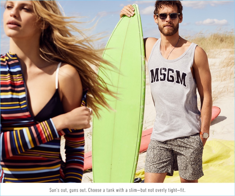 Summer's in session with a MSGM logo tank $58.50, Billy Reid swim shorts $125, Miansai watch $495, and Steven Alan sunglasses $165.