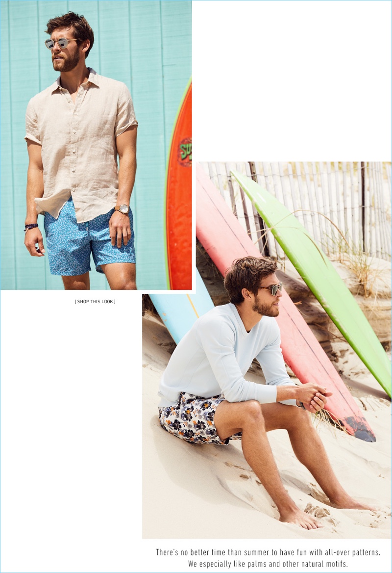 Left: Beach casual style reigns with a Theory short-sleeve shirt $170, Vilebrequin trunks $190, a Miansai bracelet $55, Steven Alan sunglasses $129.50, and a Nixon watch $227.50. Right: Hit the beach in Club Monaco floral print shorts $98.50, a Reigning Champ sweatshirt $100, and Steven Alan sunglasses $265.