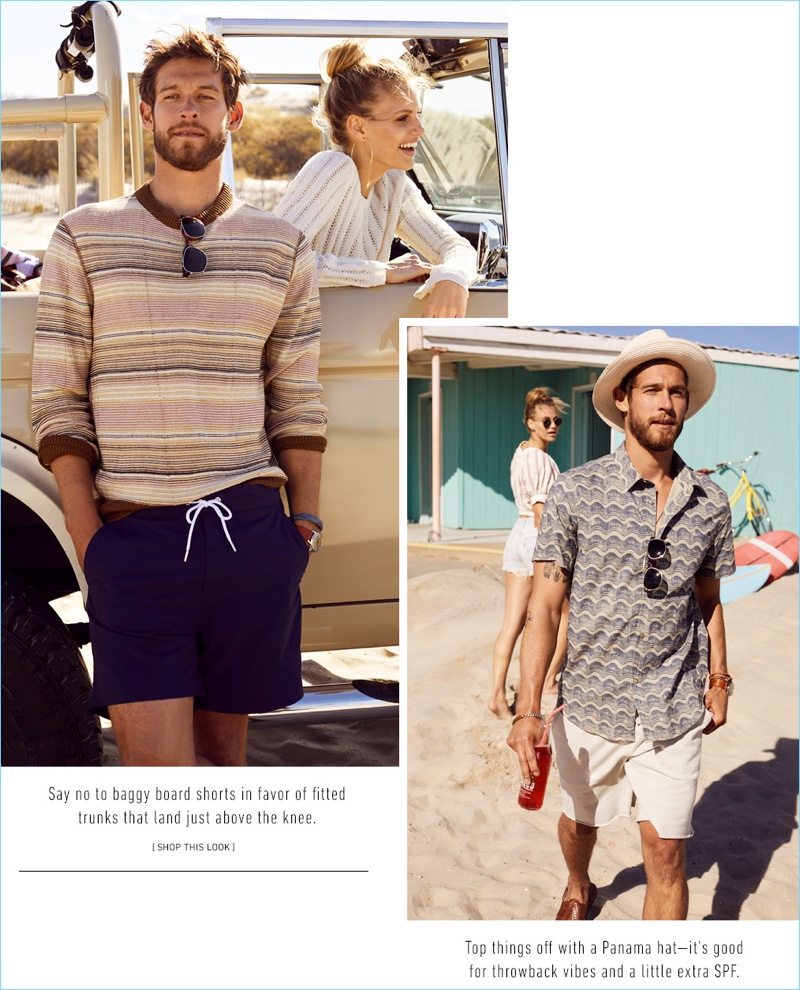 Left: Top off your summer look with an Our Legacy sweater $191.40, Norse Projects swim trunks $125, and Steven Alan sunglasses $265. Right: Make a statement in a Larose summer hat $130. It pairs nicely with an A.P.C. shirt $190, Aime Leon Dore shorts $116, Chamula huaraches $85, and Steven Alan sunglasses $295.
