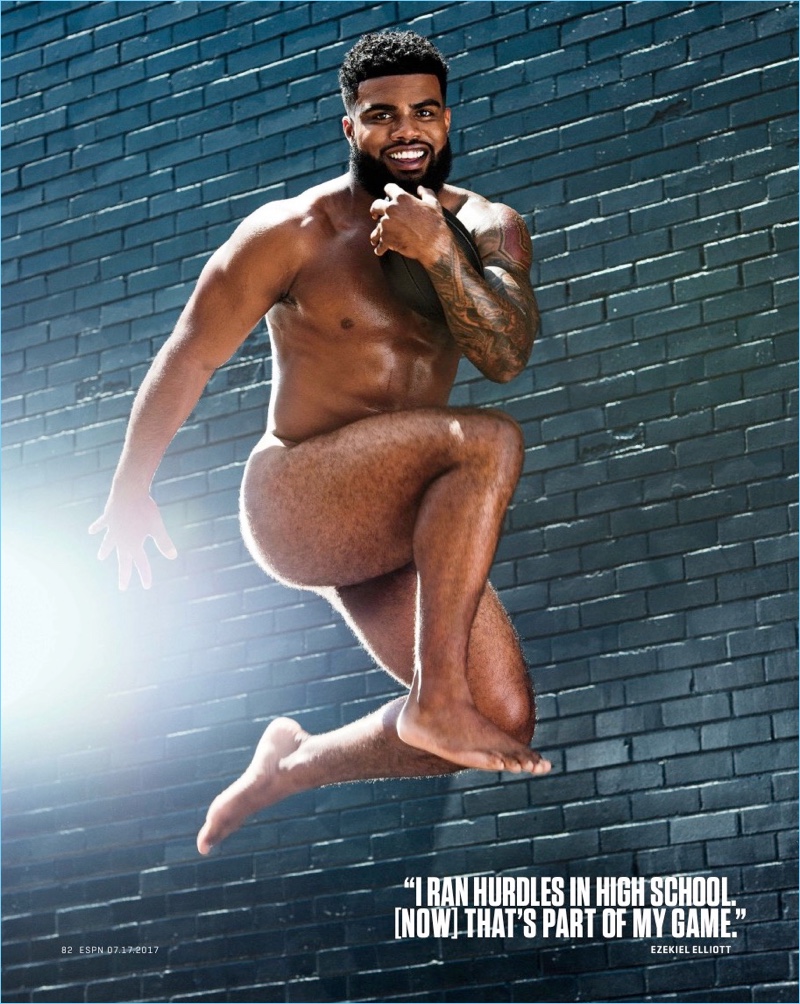 Football player Ezekiel Elliott goes nude for the 2017 Body issue of ESPN magazine.