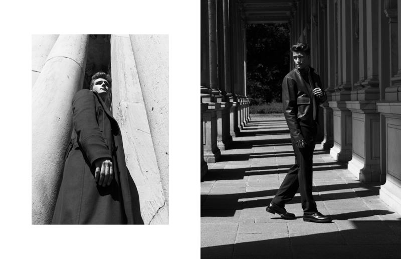 Exploring Berlin, Niclas wears Hugo Boss staples such as the leather jacket and overcoat.