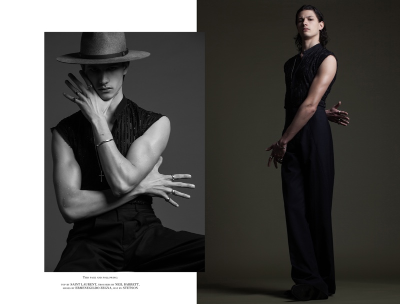 Lucas wears sleeveless top Saint Laurent, trousers Neil Barrett, shoes Ermenegildo Zegna, and hat Stetson.