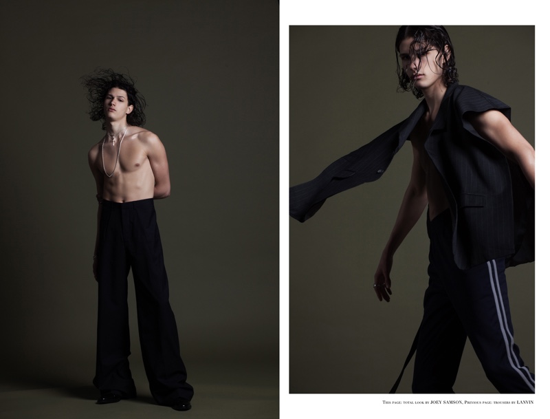 Left: Lucas wears trousers Lanvin. Right: Lucas wears all clothes Joey Samson.