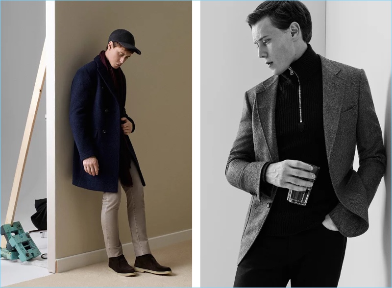 Left: Going semi-casual, George MacKay wears a Loro Piana double-breasted coat $3,500 and cashmere sweater $1,150. He also sports Loro Piana denim jeans $575, chukka boots $1,075, a cashmere baseball cap $550, and scarf $650. Right: George MacKay models a Tom Ford half-zip sweater $1,825 and Berluti denim jeans $690 with a tailored sport coat.