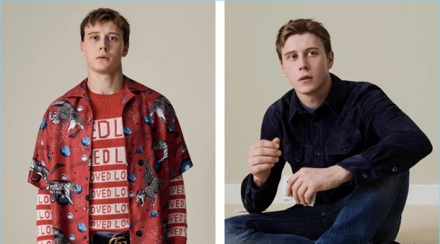 George MacKay Dons Fall '17 Styles for New Mr Porter Shoot Left: Making a bold statement, George MacKay wears a Gucci space animals camp-collar shirt $1,050 and "Loved" sweater $980. He also sports Gucci distressed denim jeans $750 and a "GG" buckle belt $520. Right: Channeling a western flair, George MacKay wears a Ralph Lauren Purple Label suede shirt jacket $2,495. The actor also dons a Ralph Lauren Purple Label linen shirt $450 and Ermenegildo Zegna denim jeans $395.