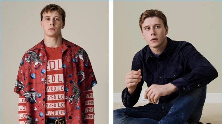 Left: Making a bold statement, George MacKay wears a Gucci space animals camp-collar shirt $1,050 and "Loved" sweater $980. He also sports Gucci distressed denim jeans $750 and a "GG" buckle belt $520. Right: Channeling a western flair, George MacKay wears a Ralph Lauren Purple Label suede shirt jacket $2,495. The actor also dons a Ralph Lauren Purple Label linen shirt $450 and Ermenegildo Zegna denim jeans $395.