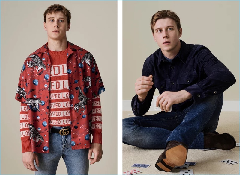 Left: Making a bold statement, George MacKay wears a Gucci space animals camp-collar shirt $1,050 and "Loved" sweater $980. He also sports Gucci distressed denim jeans $750 and a "GG" buckle belt $520. Right: Channeling a western flair, George MacKay wears a Ralph Lauren Purple Label suede shirt jacket $2,495. The actor also dons a Ralph Lauren Purple Label linen shirt $450 and Ermenegildo Zegna denim jeans $395.