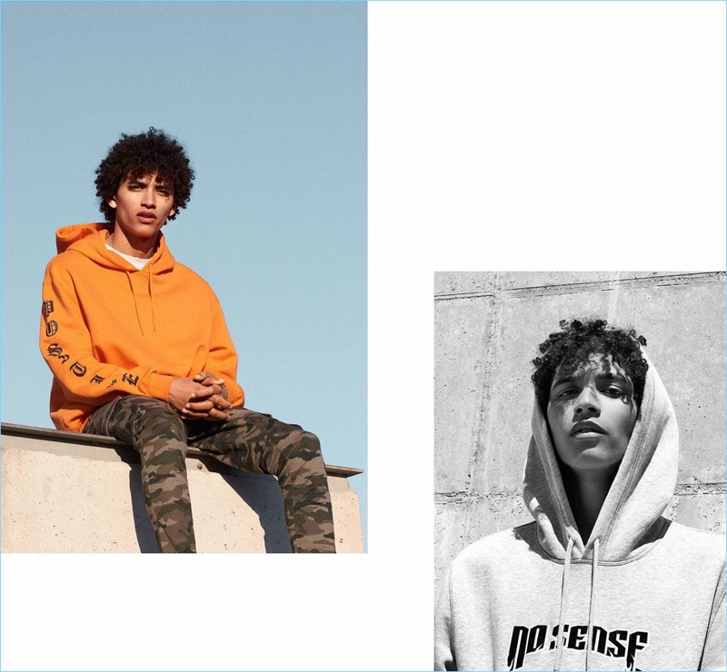 Left: Jackson Hale wears an orange H&M hoodie $29.99 with camouflage cargo pants $34.99. Right: Jackson rocks a H&M Divided Hoodie $29.99.