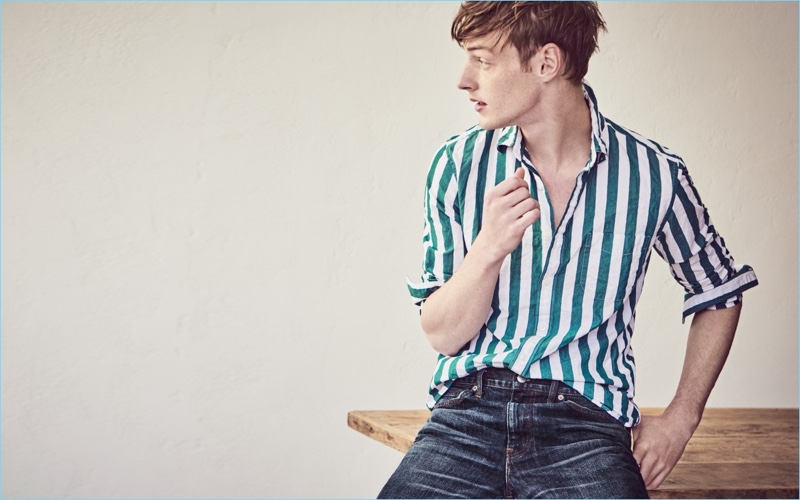 The Surf Striped Shirt: Roberto Sipos wears a J.Crew thick stripe shirt $59.50, 770 straight jeans $125, and Alden cordovan longwing bluchers $742.