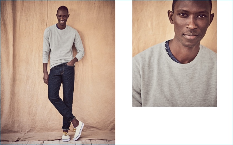 Cotton-Cashmere Piqué Sweater: Armando Cabral wears a cotton-cashmere piqué sweater $59.50, nautical striped t-shirt $45, 770 straight stretch jeans $98, and Vans for J.Crew sneakers $60.