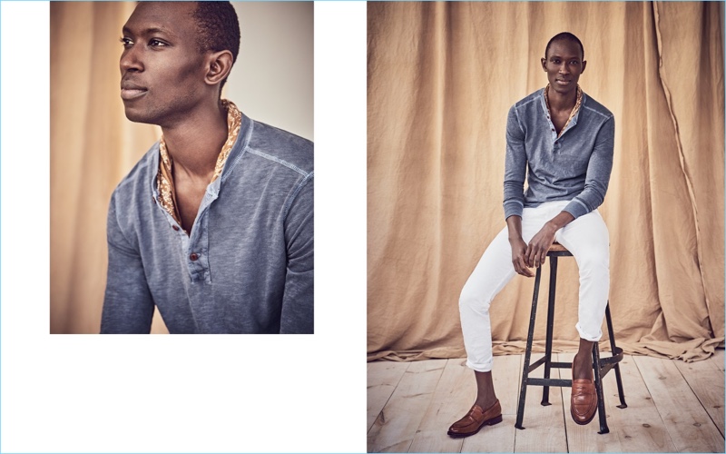 Garment-Dyed Henley: Armando Cabral sports a J.Crew garment-dyed henley $59.50, stretch chino pants $68, and Ludlow penny loafers $288 with a Wallace & Barnes bandana.