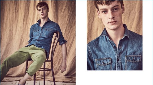 The Denim Shirt Revisited: How to Wear the Essential Denim Shirt: Relaxing, Roberto Sipos wears a J.Crew denim workshirt $75, 770 straight fit chino pants $75, and Vans for J.Crew sneakers $60.