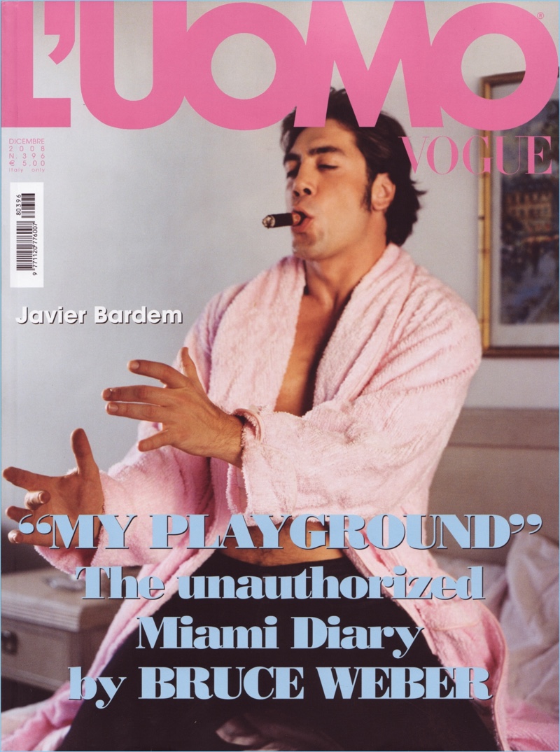 Javier Bardem covers the December 2008 cover of L'Uomo Vogue.