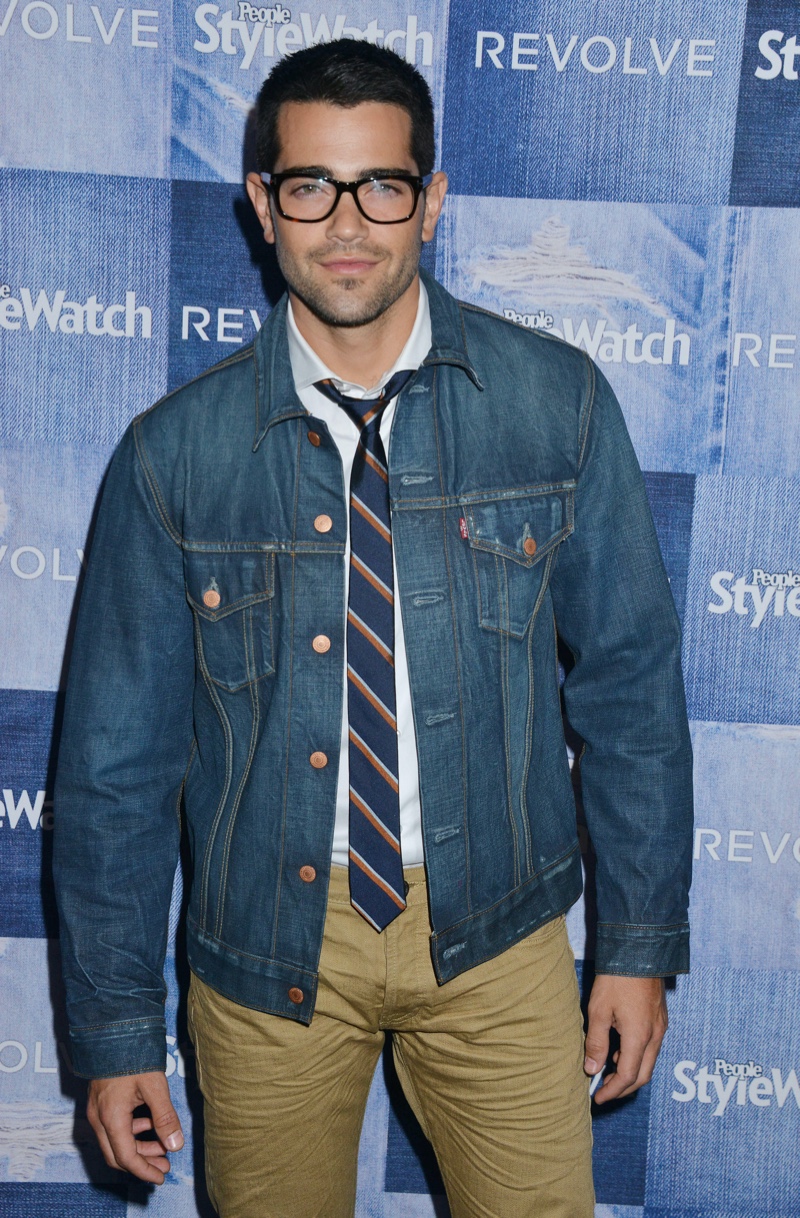 Jesse Metcalfe Actor Glasses Denim Jacket Shirt Tie Khakis Mens Style