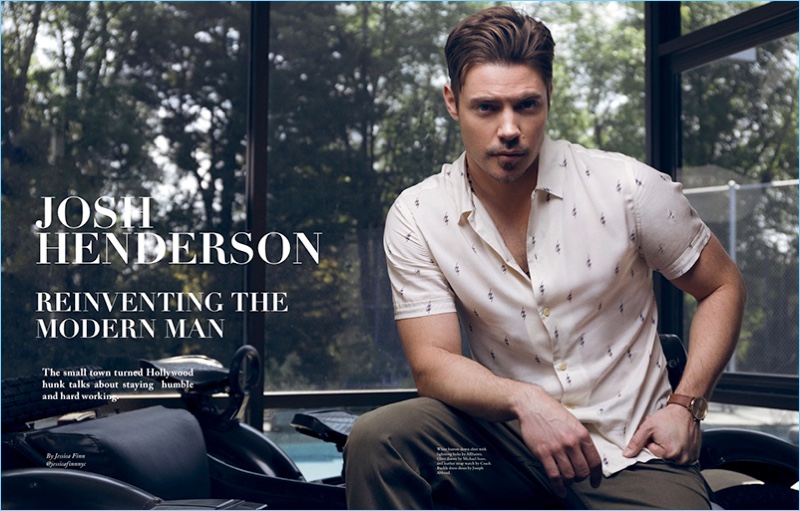 Josh Henderson wears an AllSaints shirt with Michael Stars jeans, and a Coach watch.