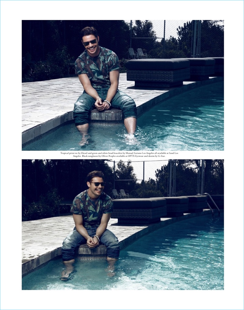Dipping his feet in the pool, Josh Henderson wears a Diesel tee with G-Star jeans.