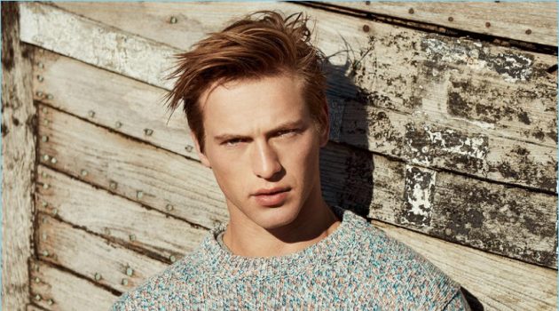 Blue-sky Thinking: Jules Raynal Dons Textural Knits for Harrods Magazine ZADIG & VOLTAIRE sweater £230; BRUNELLO CUCINELLI trousers £520