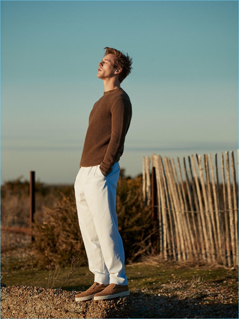 ERMENEGILDO ZEGNA sweater £630 and trousers £850; BOTTEGA VENETA sneakers £440