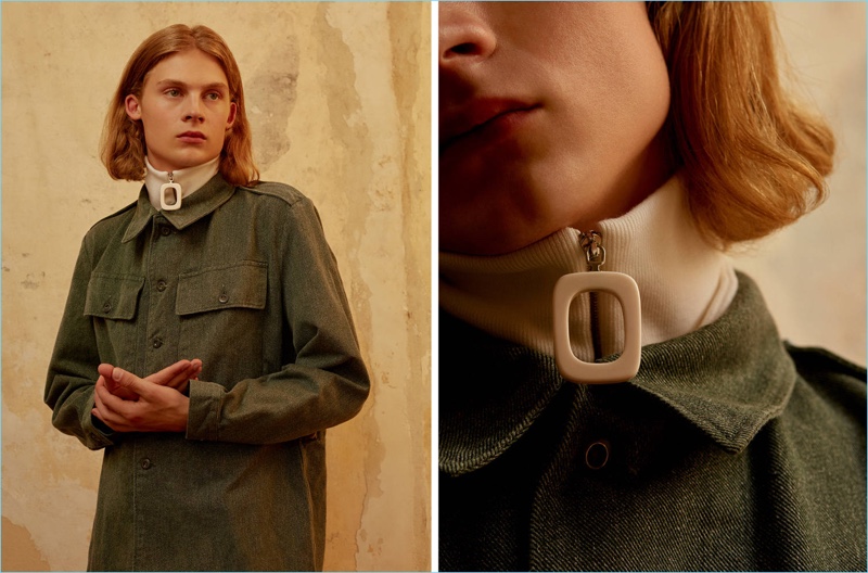 Zipped Up: Connecting with Luisaviaroma, Samuel wears a J.W. Anderson neckband with zip detail $230 and a Myar military shirt jacket $588.
