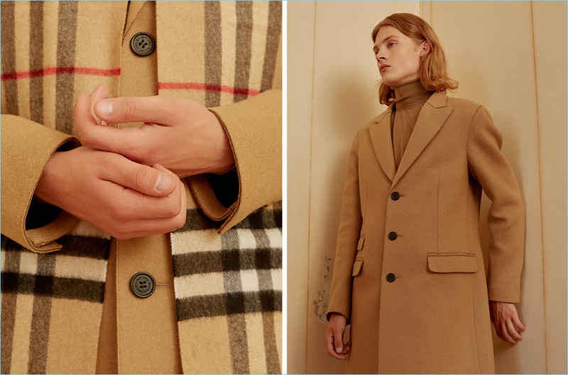 Fall Classics: Samuel dons a Burberry check knit scarf $425, Neil Barrett single-breast coat $1,815, Z Zegna turtleneck $327, and Tod's leather loafers $525.