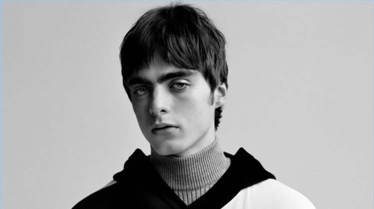 Lennon Gallagher rocks a black and white hoodie for MSGM's fall-winter 2017 campaign.