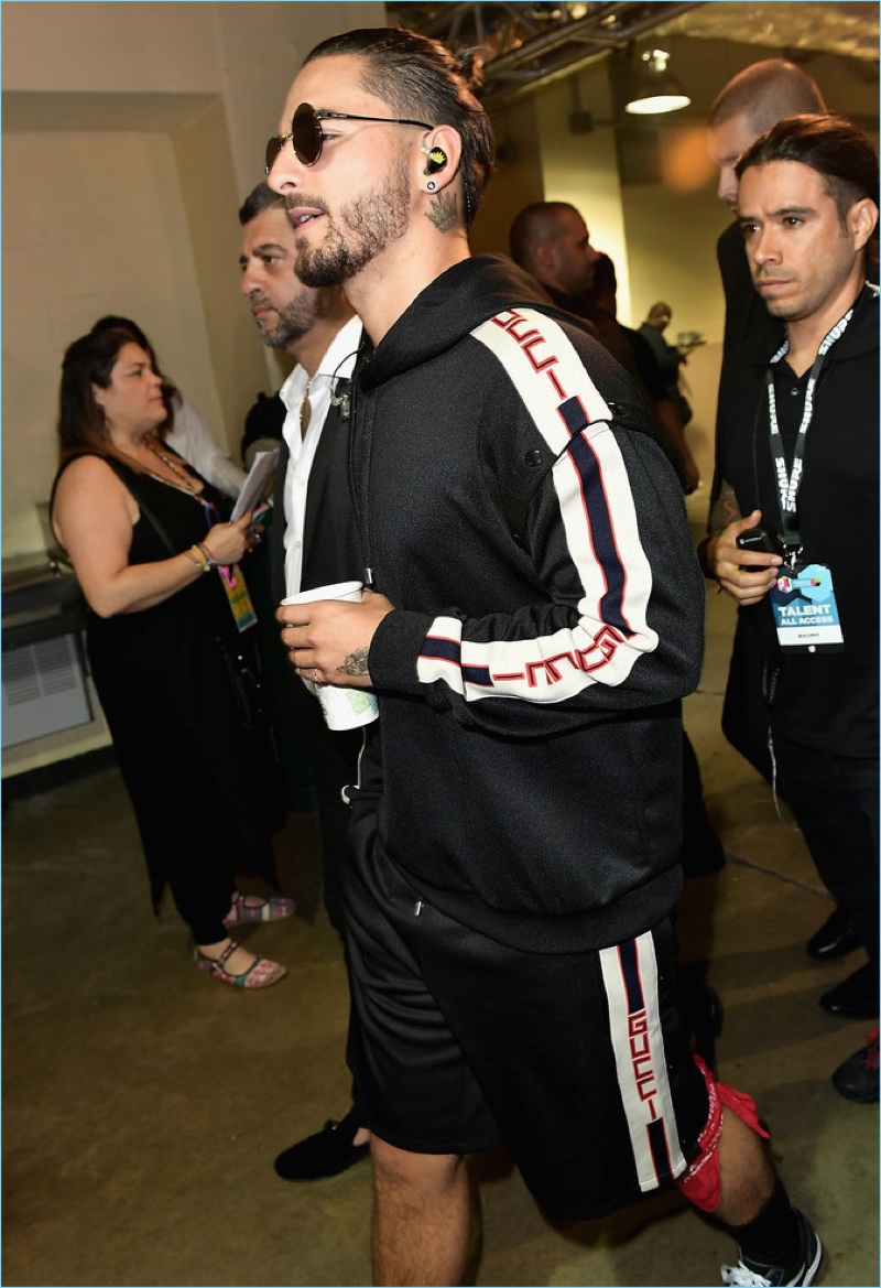 Spotted backstage, Maluma wears a casual Gucci outfit at Univision's 2017 Premios Juventud.