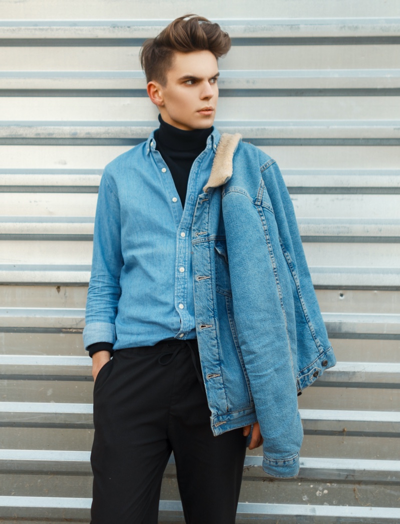 Man Denim Jacket Denim Shirt Turtleneck Style