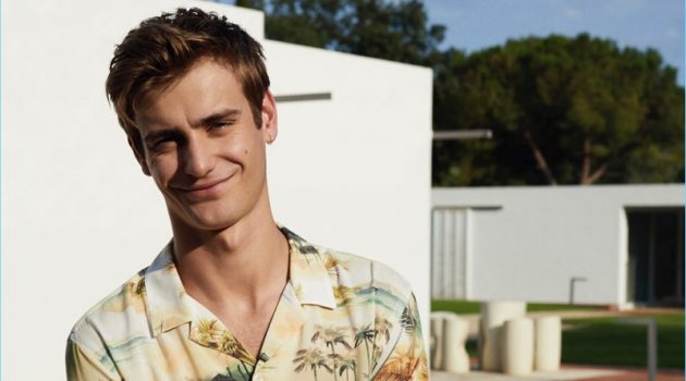 What to Wear Now: Mango Man Summer Style Inspiration All smiles, Ben Allen wears a summery print shirt from Mango Man.
