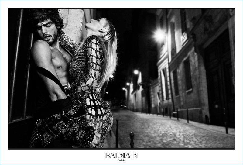 Models Marlon Teixeira and Lara Stone star in Balmain's fall-winter 2017 campaign.