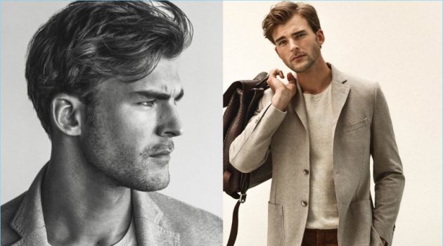 Genuine Life: Patrick Kafka Dons Neutral Massimo Dutti Looks Reuniting with Massimo Dutti, Patrick Kafka dons a sensible blazer with a lightweight knit and pleated pants.