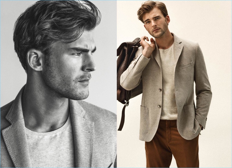 Reuniting with Massimo Dutti, Patrick Kafka dons a sensible blazer with a lightweight knit and pleated pants.