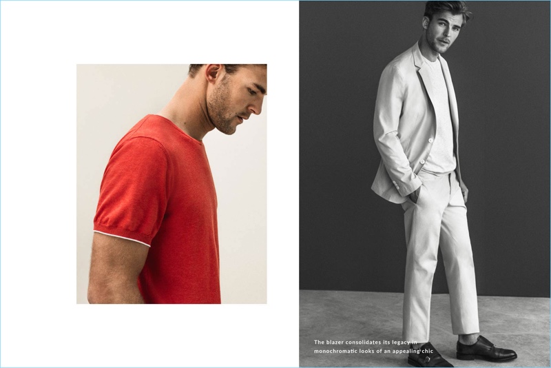 Taking to the studio, Patrick Kafka wears neutral and red fashions by Massimo Dutti.