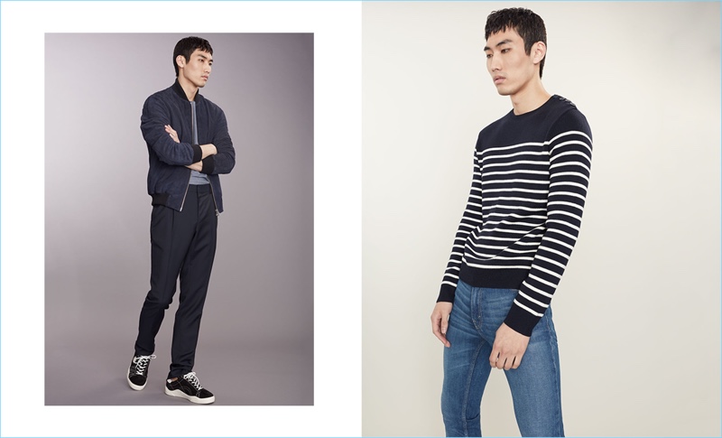 Left: Going casual, Do Byungwook wears a suede bomber jacket and striped t-shirt by Oliver Spencer. He also sports Valentino trousers and Eytys suede sneakers. Right: Do models a Valentino Breton striped sweater and slim-fit jeans.