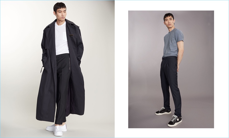 Left: Do Byungwook dons an oversize navy coat by Martine Rose. Complementing the coat with simple pieces, he sports an Alexander McQueen pocket tee, Valentino trousers, and Eytys sneakers. Right: Do rocks an Oliver Spencer striped t-shirt, Valentino trousers, and Eytys suede sneakers.