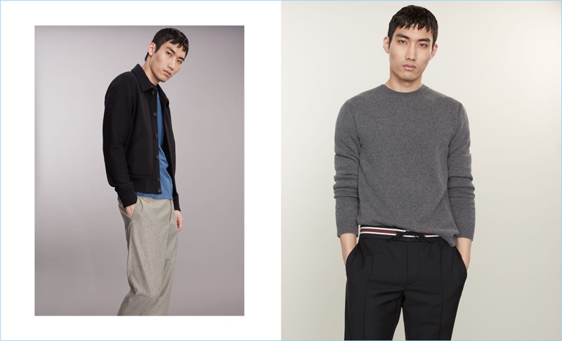 Left: Do Byungwook wears an AMI bomber jacket with a Maison Margiela t-shirt and Giorgio Armani trousers. Right: Sporting a classic look, Do Byungwook models a cashmere sweater and striped wool-blend trousers by Valentino.