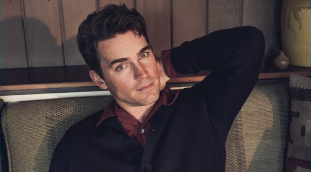 Matt Bomer Stars in Mr Porter Shoot, Talks Being Gay in Hollywood Connecting with Mr Porter, Matt Bomer wears a P. Johnson cardigan, Camoshita shirt, and A.P.C. Petit New Standard slim-fit selvedge denim jeans.