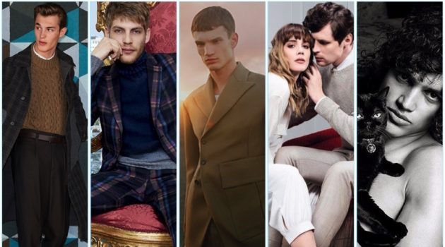 Men's fashion campaigns from Salvatore Ferragamo, Etro, Dirk Bikkembergs, Fratelli Rossetti, and Givenchy
